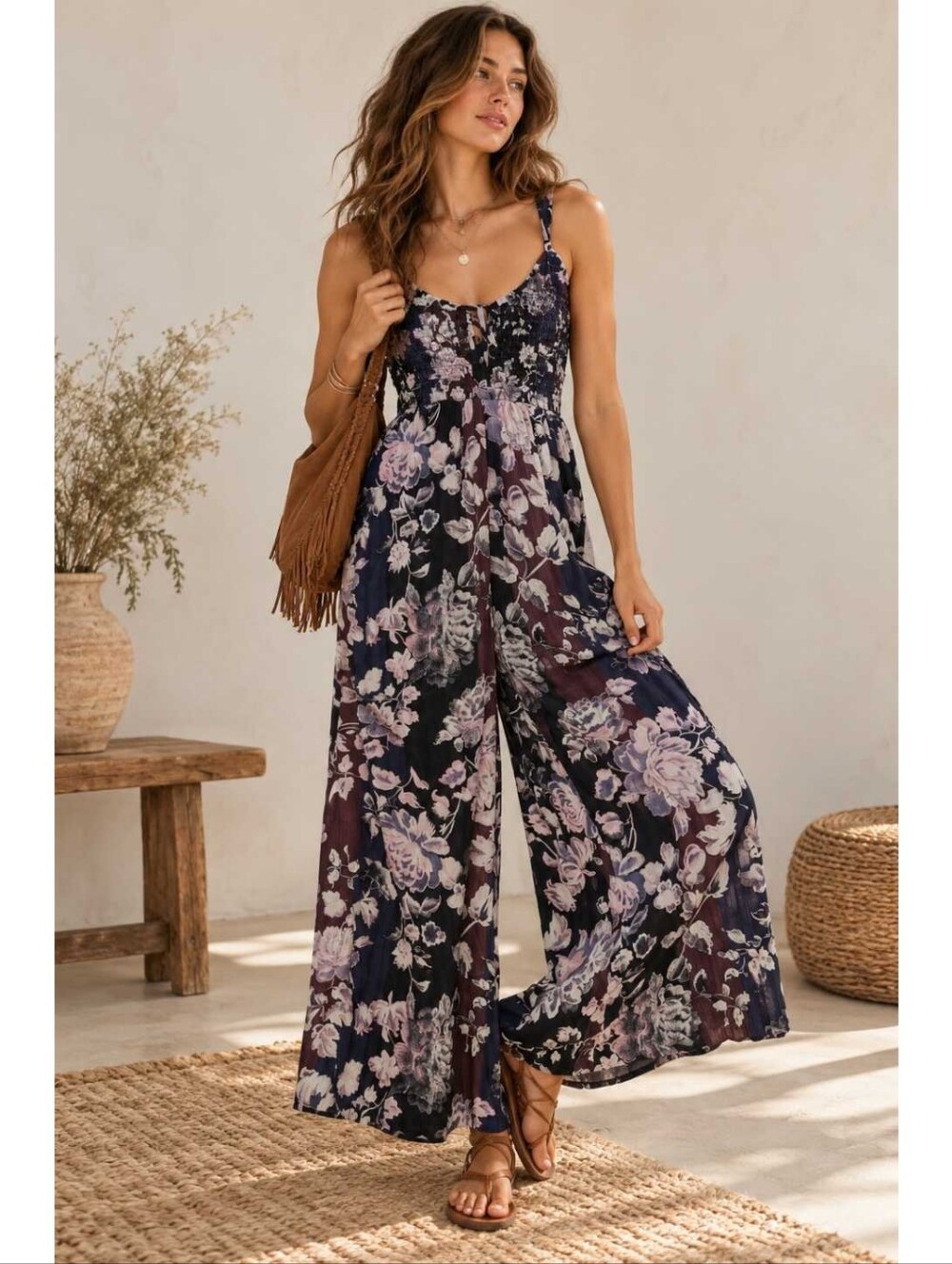 Free People Melrose Wide Leg Jumpsuit Floral Navy Blue Purple Boho Festival